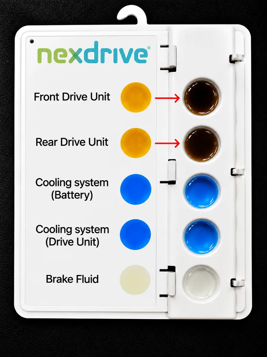 New versus used EV fluid samples: front and rear drive unit gear oil, battery and drive unit coolant, and brake fluid