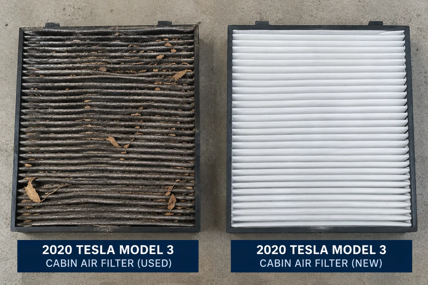 Used cabin air filter next to a new one from a 2020 Tesla Model 3