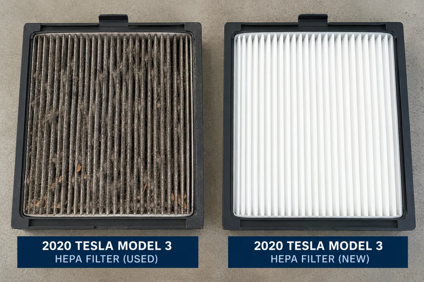 Used and new HEPA filters from a 2020 Tesla Model 3